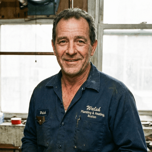 A man wearing a blue work shirt with 'Walsh Plumbing & Heating, Boston' embroidered on it, smiling in a workshop.