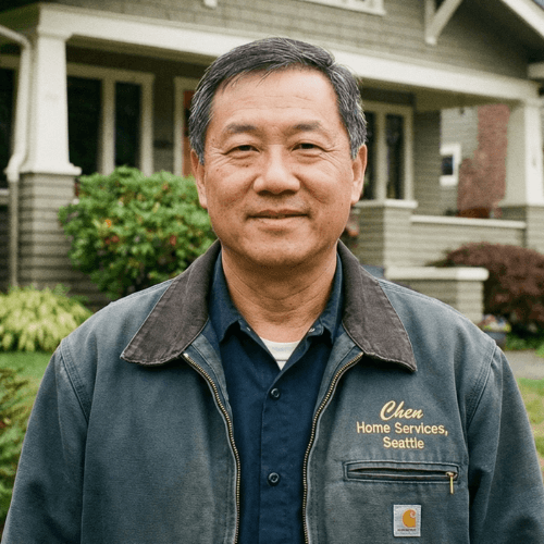 Man wearing a jacket with 'Chen Home Services, Seattle' embroidered, standing outdoors in front of a house.