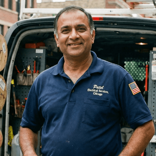 Smiling man wearing a blue shirt with 'Patel Electrical Services' and an American flag, standing in front of a service van.