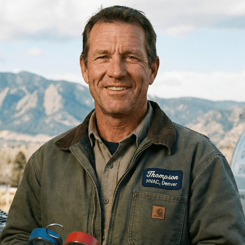 Man in work attire holding HVAC tools, wearing a name patch, with mountains in the background.