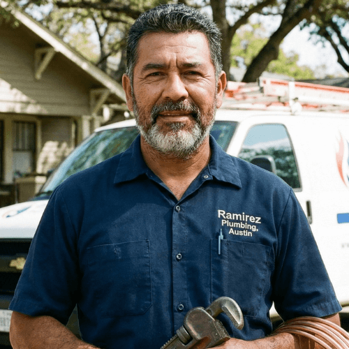 Man in a blue shirt with 'Ramirez Plumbing, Austin' logo holding a wrench in front of a service vehicle.